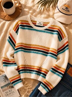 Rip Curl Coastal Stripe Open Knit Sweater XS Beachy Surf Style